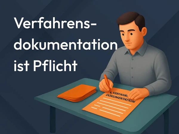 Illustration eines Mannes beim Ausfüllen der Verfahrensdokumentation, Text: „Verfahrensdokumentation ist Pflicht“