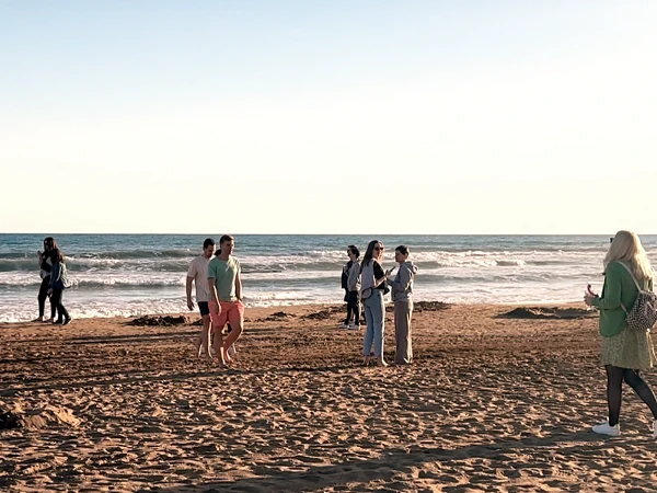 Menschen spazieren am Strand bei Sonnenuntergang