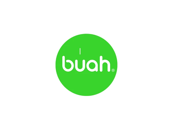 Das Bild zeigt ein rundes, grünes Logo mit der Aufschrift „buah“ in weißen, modernen Buchstaben.