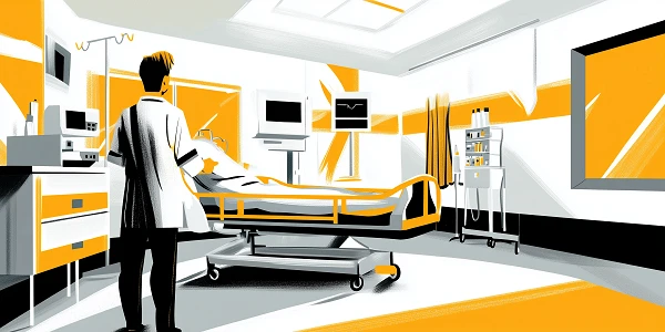 Ein Arzt steht in einem modernen, hellen Krankenhauszimmer mit orangefarbenen Akzenten und blickt auf ein Bett, in dem ein Patient liegt. Im Raum sind medizinische Geräte und Monitore zu sehen.