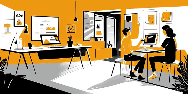 Zwei Personen sitzen an einem Tisch in einem modern gestalteten Büro, umgeben von hellen, orangefarbenen Wänden und verschiedenen Kunstwerken. Eine Person arbeitet am Computer, während die andere auf einen Bildschirm zeigt und diskutiert. Der Bereich ist mit Pflanzen und Büromöbeln dekoriert.