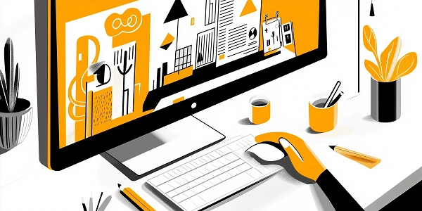 Ein Arbeitsplatz mit einem Computerbildschirm, auf dem eine farbenfrohe Illustration zu sehen ist. Der Schreibtisch ist aufgeräumt und enthält Pflanzentöpfe, eine Tasse und Schreibutensilien.
