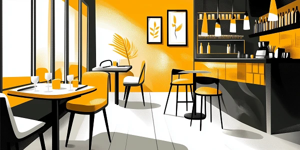 Ein modernes Café-Interior in Gelb- und Grautönen, mit Tischen und Stühlen sowie einer Theke im Hintergrund. An den Wänden hängen Bilder von Pflanzen. Sonnenschein strömt durch große Fenster und beleuchtet den Raum.