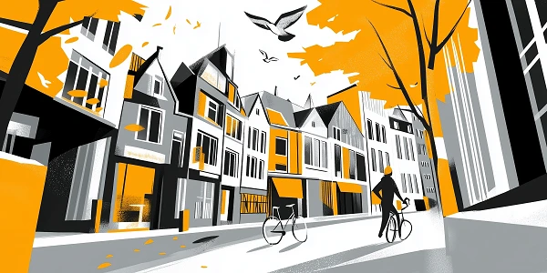 Eine stilisierte Stadtansicht mit grauen und orangenen Häusern, auf denen die herbstlichen Blätter wehen. Eine Person fährt auf einem Fahrrad die Straße entlang, während Vögel über die Szene fliegen.