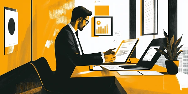 Ein geschäftsmann sitzt an einem Schreibtisch und arbeitet konzentriert an einem Tablet und einem Laptop. Im Hintergrund sind Grafiken und Diagramme an der Wand sowie ein Topfpflanze zu sehen. Der Raum ist in warmen Gelbtönen gehalten.