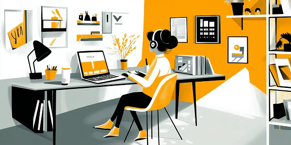Eine Person mit Kopfhörern sitzt an einem Schreibtisch, arbeitet am Laptop und macht Notizen. Im Hintergrund sind Regale mit Pflanzen, Büchern und Bildern in orange-weißem Farbschema sichtbar.