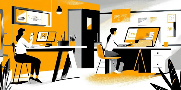 Zwei Personen arbeiten in einem modernen, hellen Büroraum. Eine Person sitzt an einem Schreibtisch und schaut auf einen Computer, während die andere an einem größeren Tisch an einem Laptop arbeitet. Die Wände sind in warmen Gelbtönen gehalten und es gibt Pflanzen sowie inspirierende Bilder im Hintergrund.