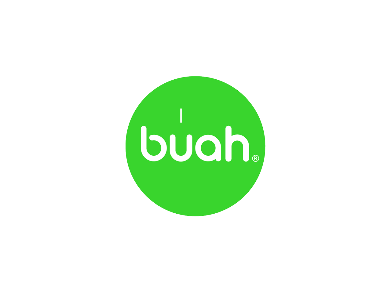 Das Bild zeigt ein rundes, grünes Logo mit der Aufschrift „buah“ in weißen, modernen Buchstaben.