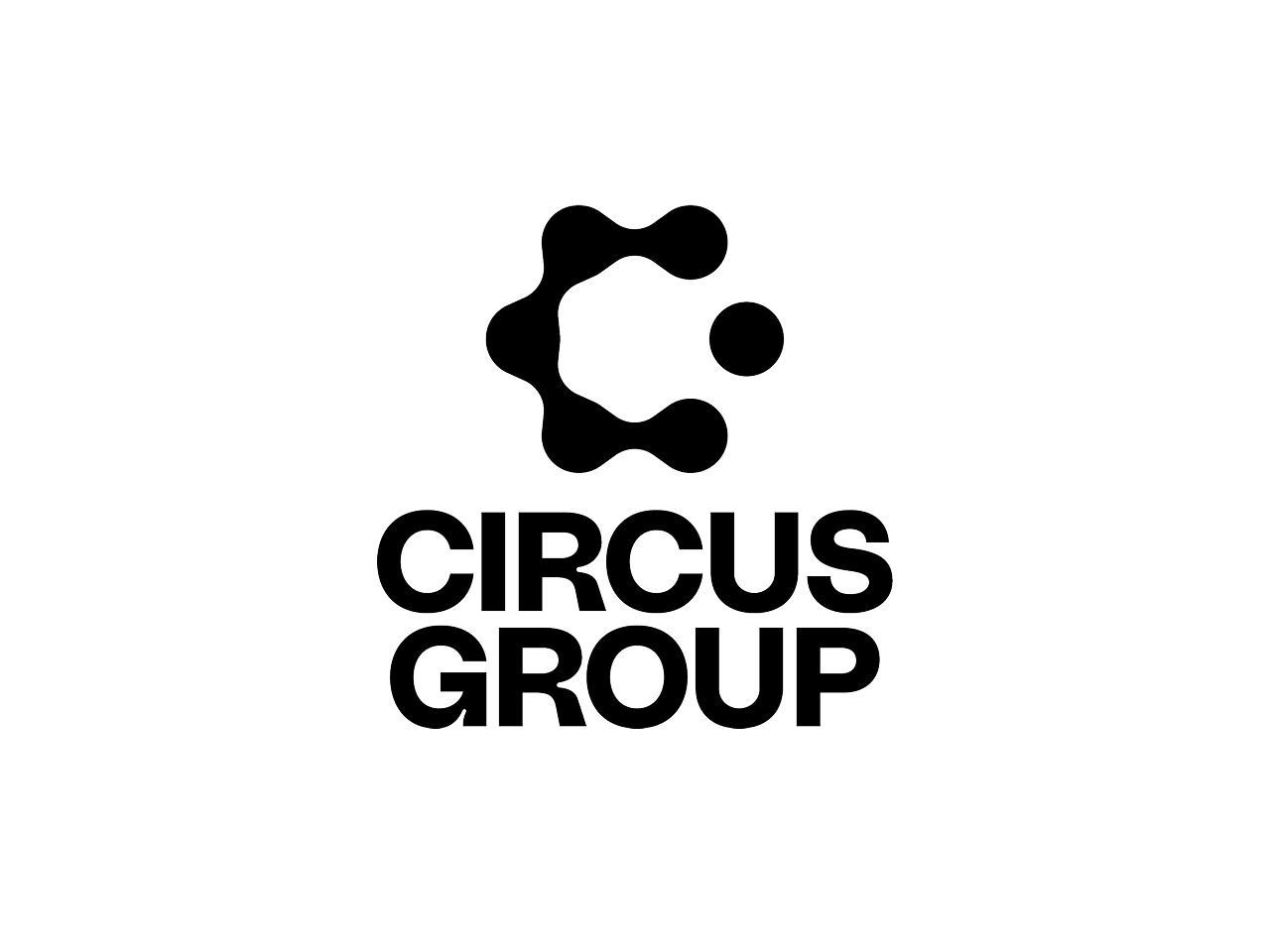 Ein stilisiertes Logo mit einer abstrakten Form in Schwarz, die aus mehreren Punkten und Linien besteht, neben dem Schriftzug „CIRCUS GROUP“ in großer, fettgedruckter Schrift.