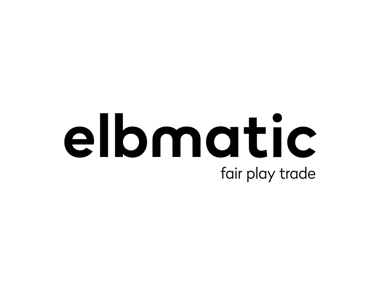 Das Bild zeigt das Logo der Marke "elbmatic", das in einer modernen Schriftart gestaltet ist. Unter dem Markennamen steht der Slogan "fair play trade" in kleinerer Schrift.