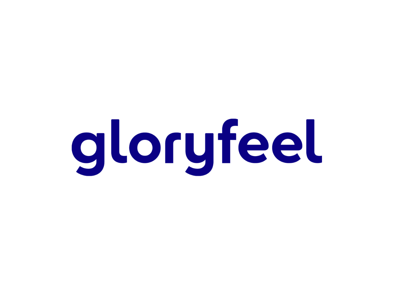 Das Bild zeigt das Wort "gloryfeel" in blauer Schrift auf weißem Hintergrund, wobei die Schriftart modern und klar gestaltet ist.