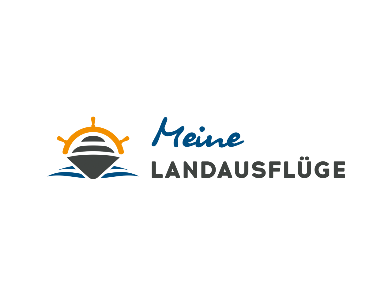 Ein Logo mit dem Schriftzug "Meine Landausflüge", einem stilisierten Schiff und einer Sonne über Wasserwellen.