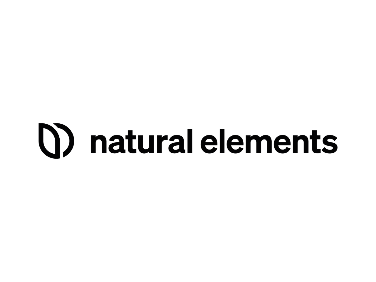 Ein minimalistisches Logo mit einer stilisierten, blattähnlichen Form auf der linken Seite und dem Schriftzug „natural elements“ in fetter, schwarzer Schrift daneben.