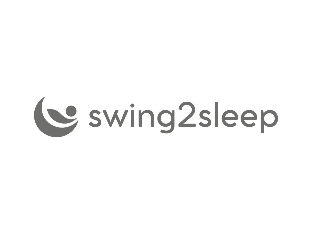 Ein graues Logo mit dem Schriftzug "swing2sleep", begleitet von einer stilisierten Darstellung einer schaukelnden Figur.