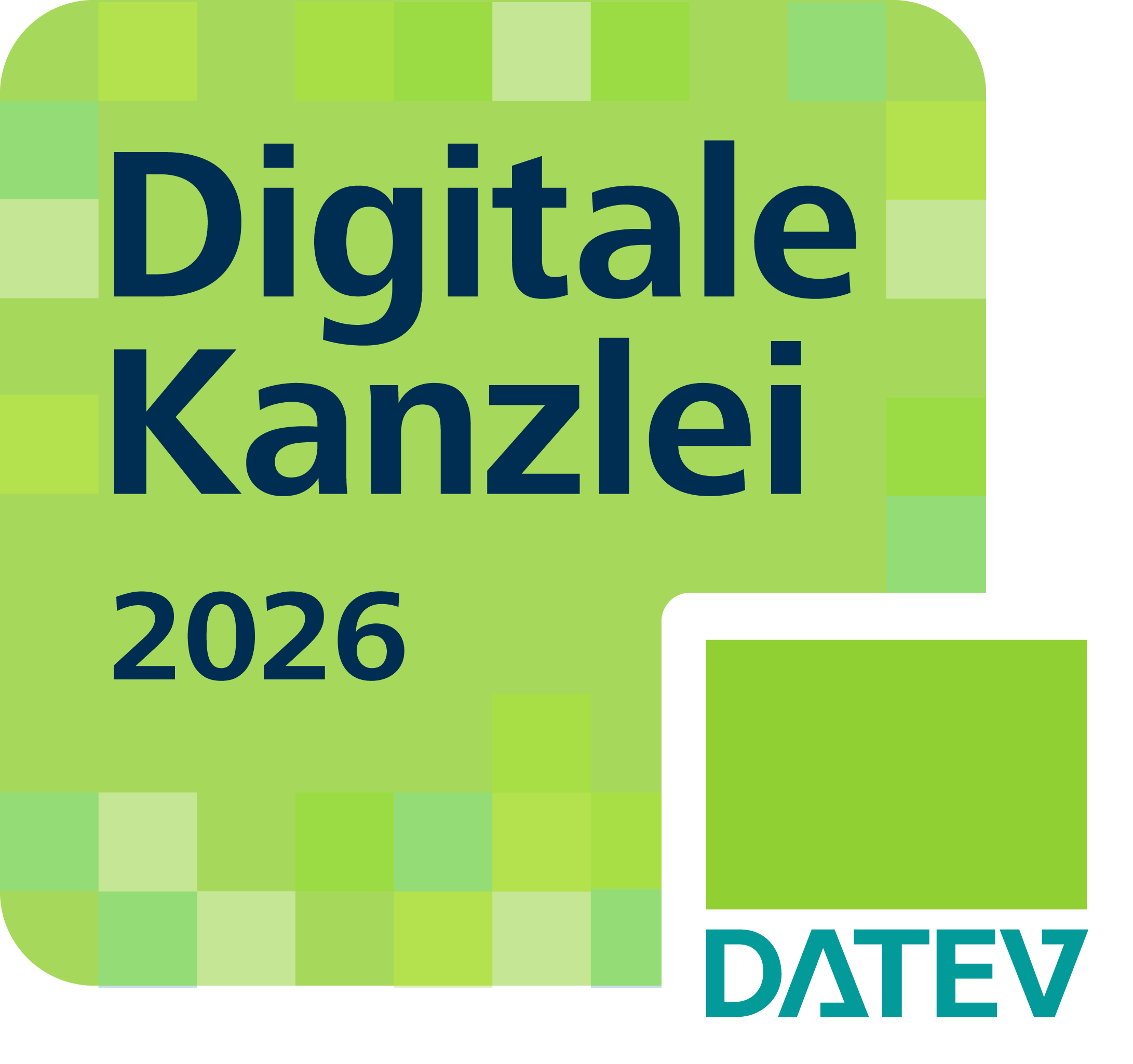 Das Bild zeigt ein grünes Quadrat mit dem Text „Digitale Kanzlei 2026“ in blauer Schrift. In der unteren rechten Ecke befindet sich das Logo von DATEV, das ebenfalls in grüner Farbe gestaltet ist.